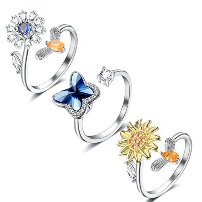 Rotatable Fidget Spinner Ring Womens Open Adjustable Anxiety Relief Rings